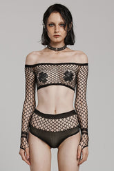 Black Off Shoulder Long Sleeves Slim Mesh Women's Punk Lingerie Set